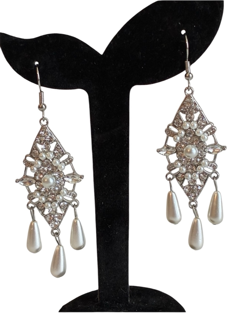 Vintage Elegant Silver Pearl Drop Chandelier Earrings